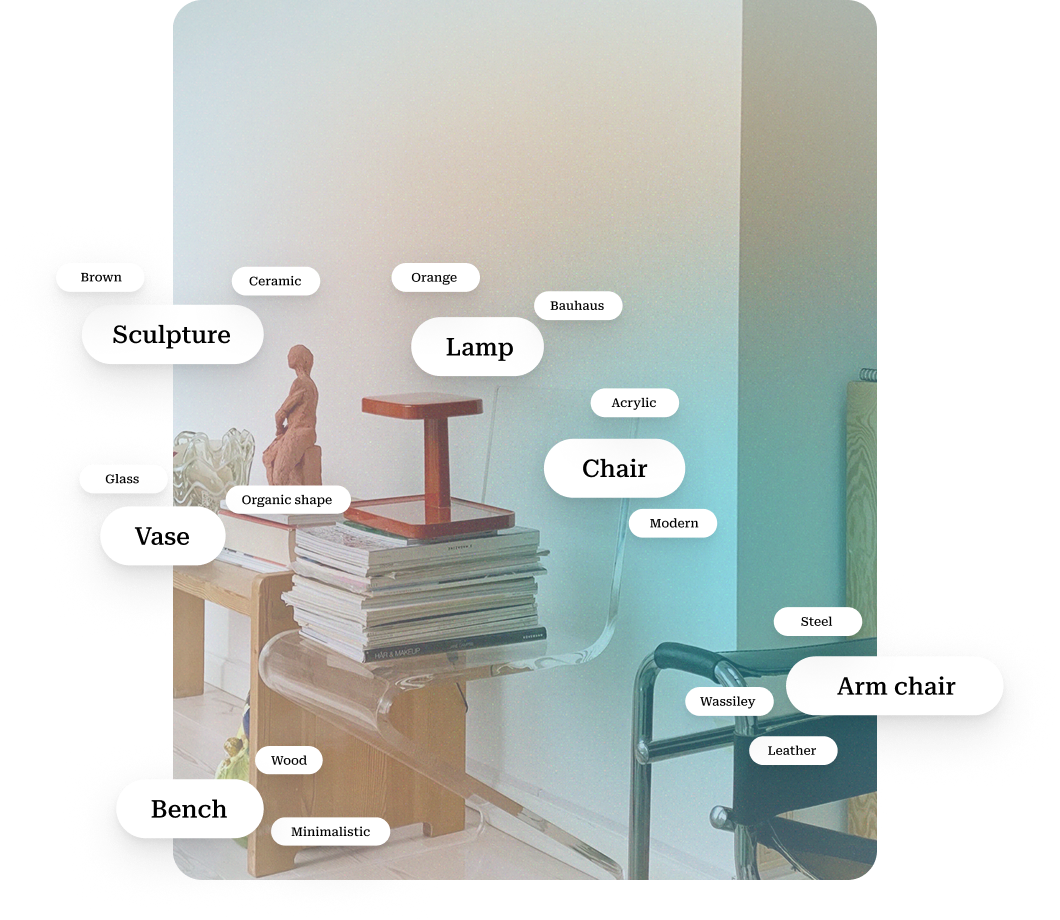 Interactive room scene showing multiple tagged products available for visual discovery