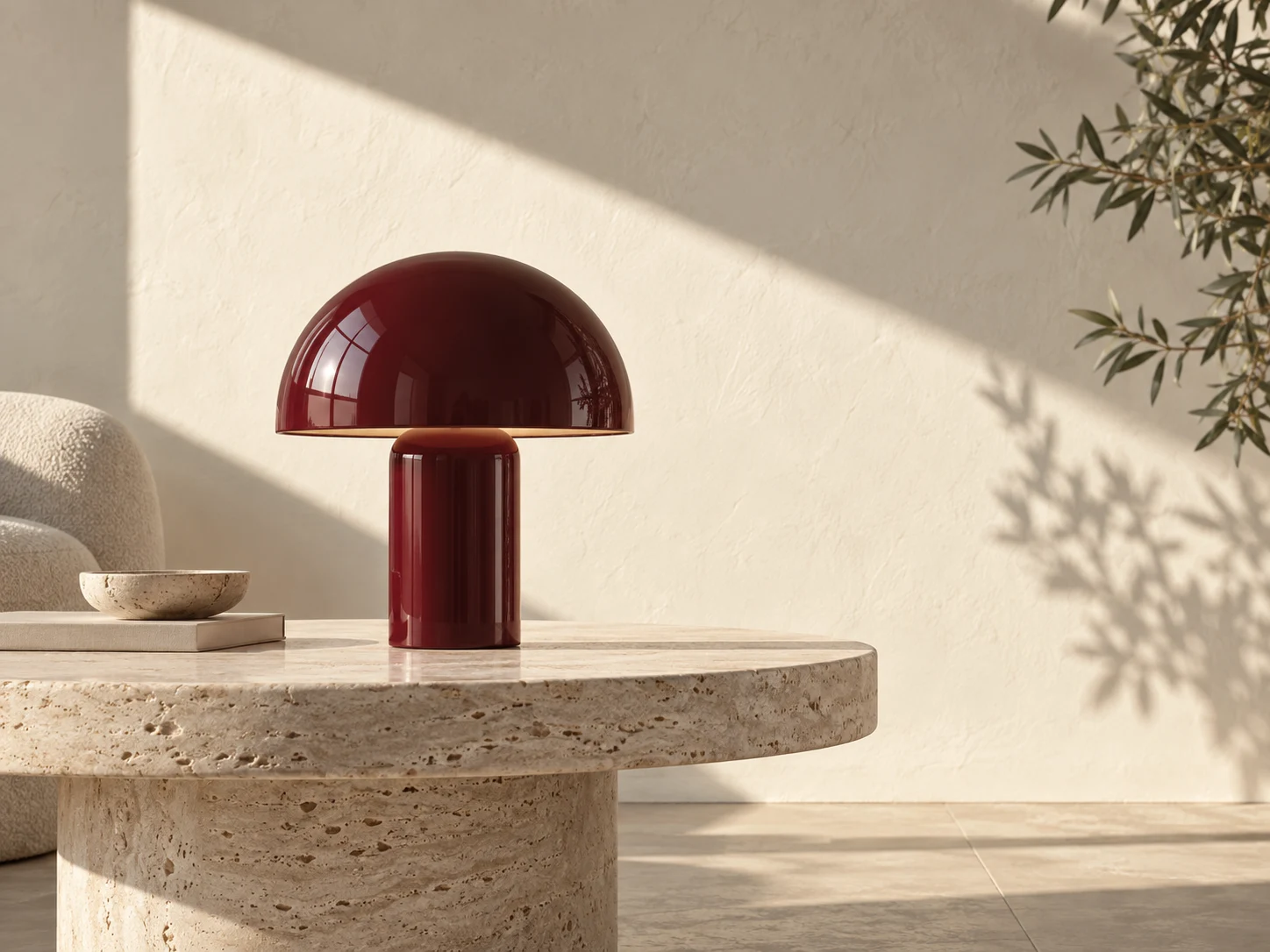 AI-generated example of a burgundy lamp in an interior with natural light and materials
